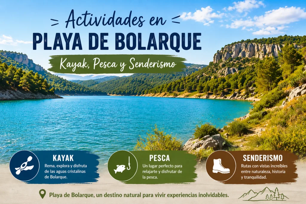 Actividades en playa de Bolarque como kayak, pesca y senderismo en un hermoso entorno natural.