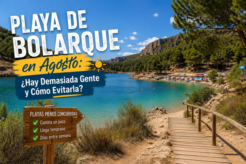 Playa de Bolarque en agosto muestra cómo la cantidad de gente puede ser alta y consejos para evitarla.